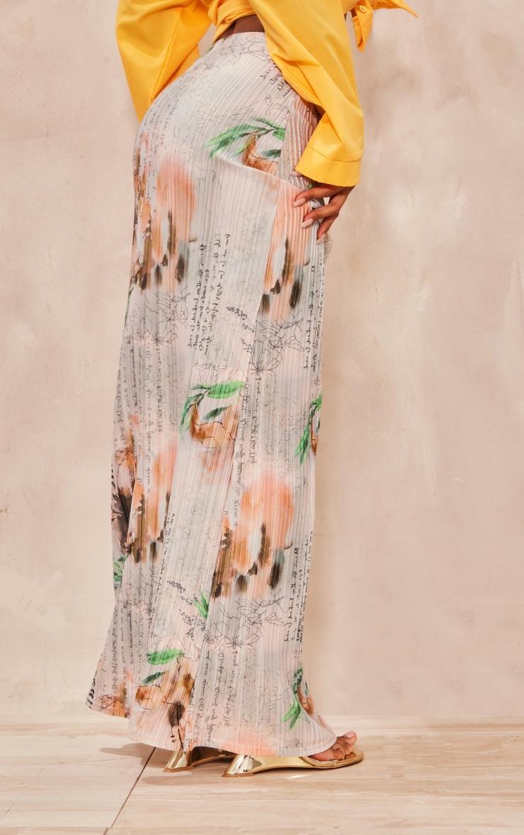 Beige Vintage Floral Printed Plisse Maxi Skirt Product Image