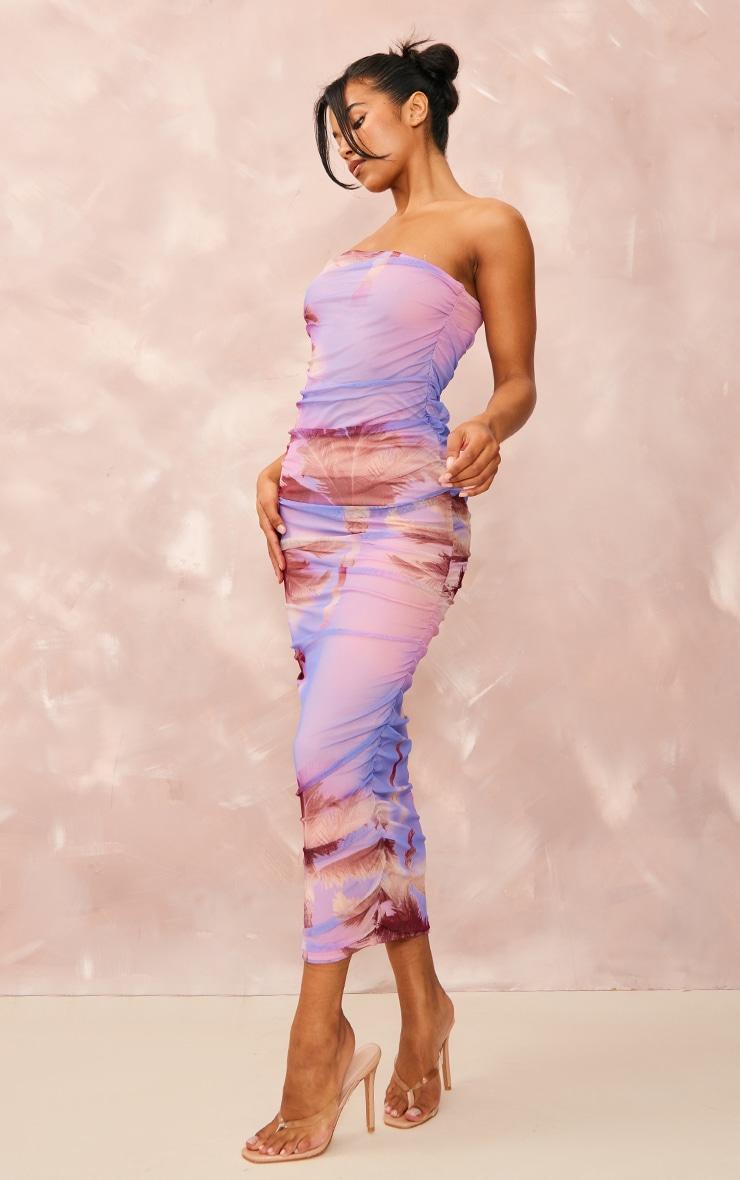 Purple Palm Print Mesh Bandeau Ruched Maxi Dress Product Image