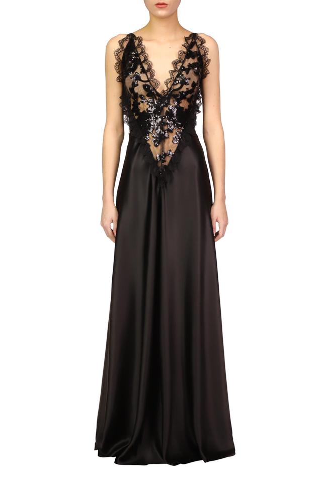 Black Silk Satin Dress With Sequin And Lace Trim Detail Product Image