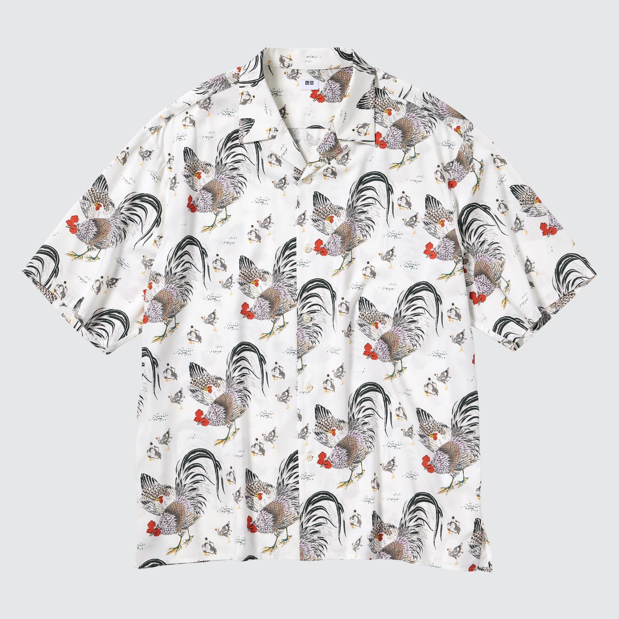 Mens Printed Open Collar Short-Sleeve Shirt (Ito-Jakuchu) Off White Medium UNIQLO US Product Image