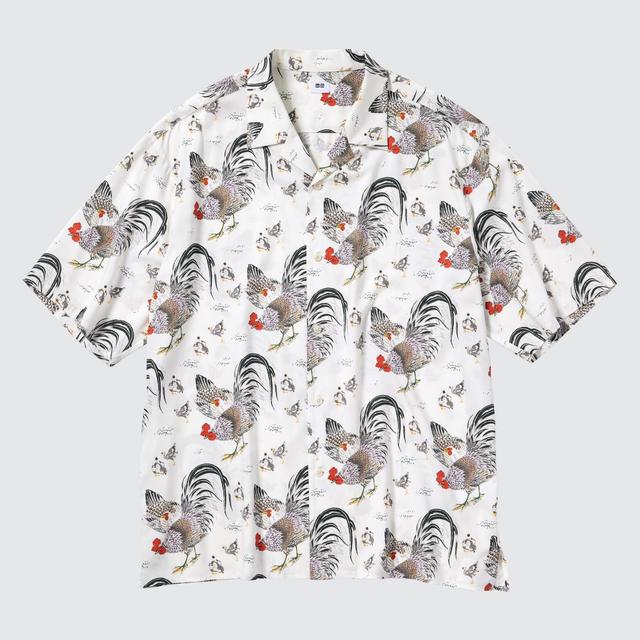 Mens Printed Open Collar Short-Sleeve Shirt (Ito-Jakuchu) Off White Small UNIQLO US Product Image