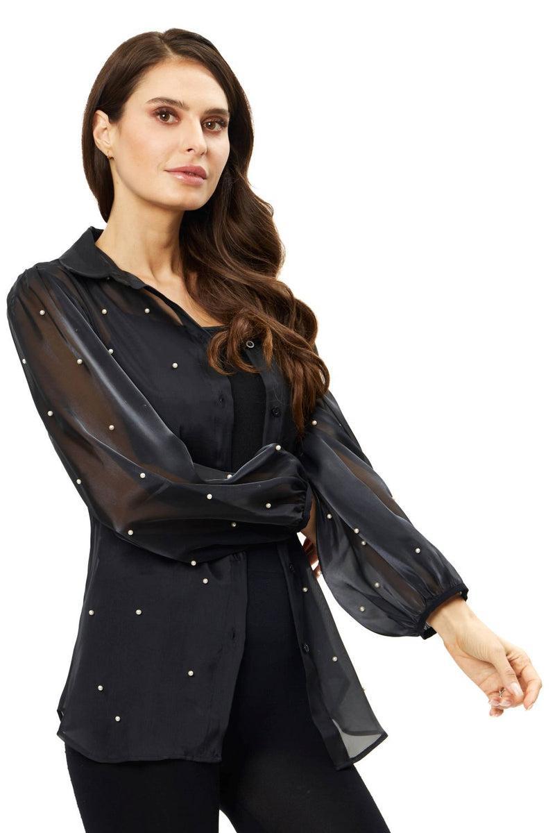 Black Organza Button Down Top Pearl Embellishment Product Image