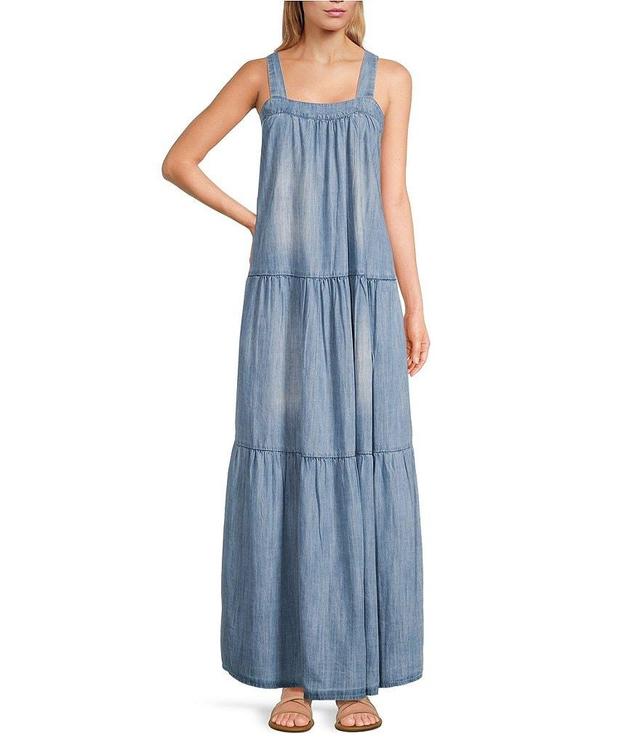 ELAN Tiered Denim Square Neck Sleeveless Maxi Dress Product Image