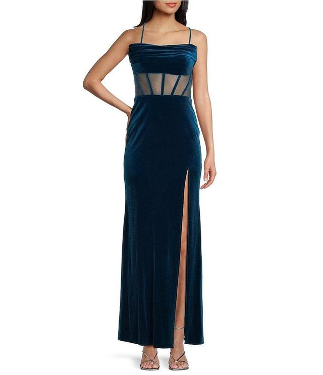 Blondie Nites Velvet Cowl Neck Illusion Mesh Corset Long Dress Product Image