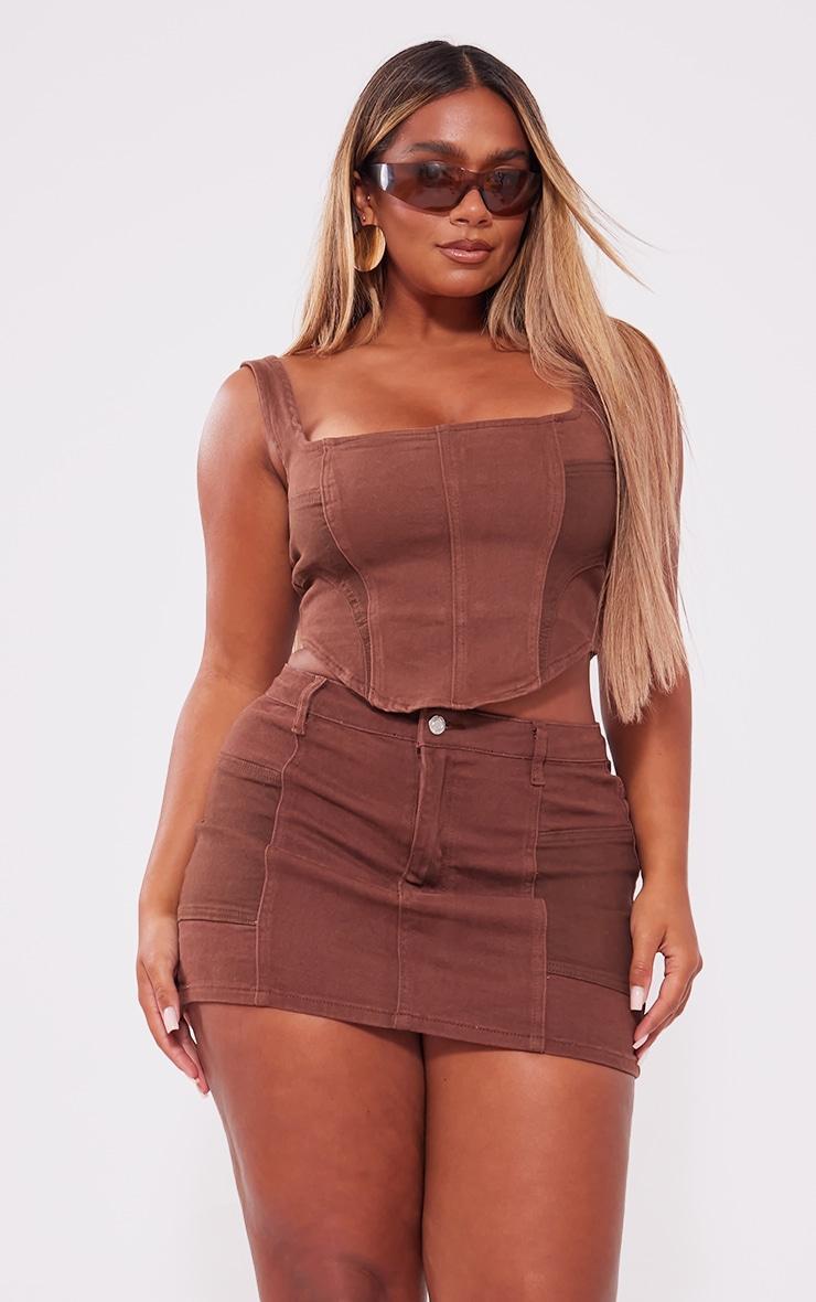 Shape Washed Brown Denim Micro Mini Skirt Product Image