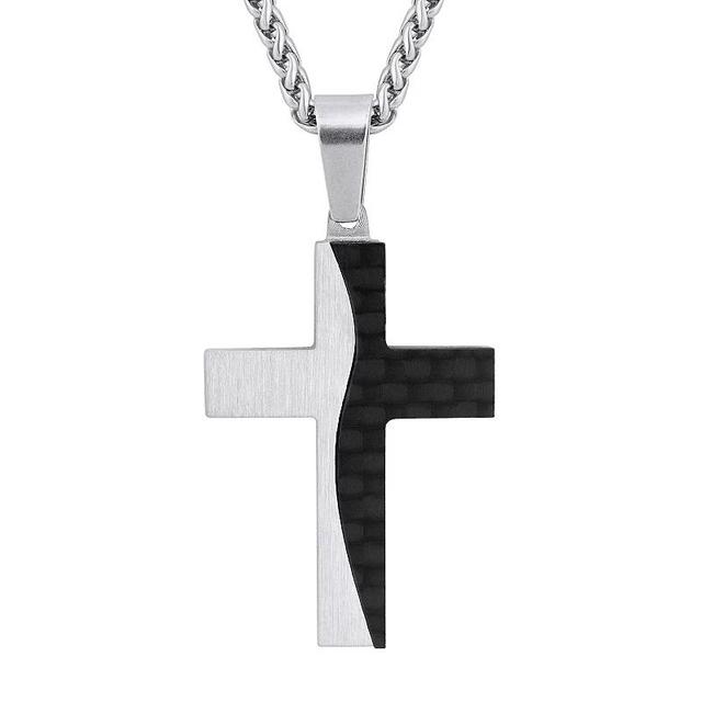 Mens Stainless Steel & Carbon Fiber Cross Pendant Necklace Two Tone Product Image