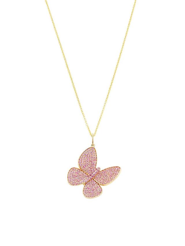 Womens 14K Yellow Gold & Pink Sapphire Butterfly Pendant Necklace Product Image