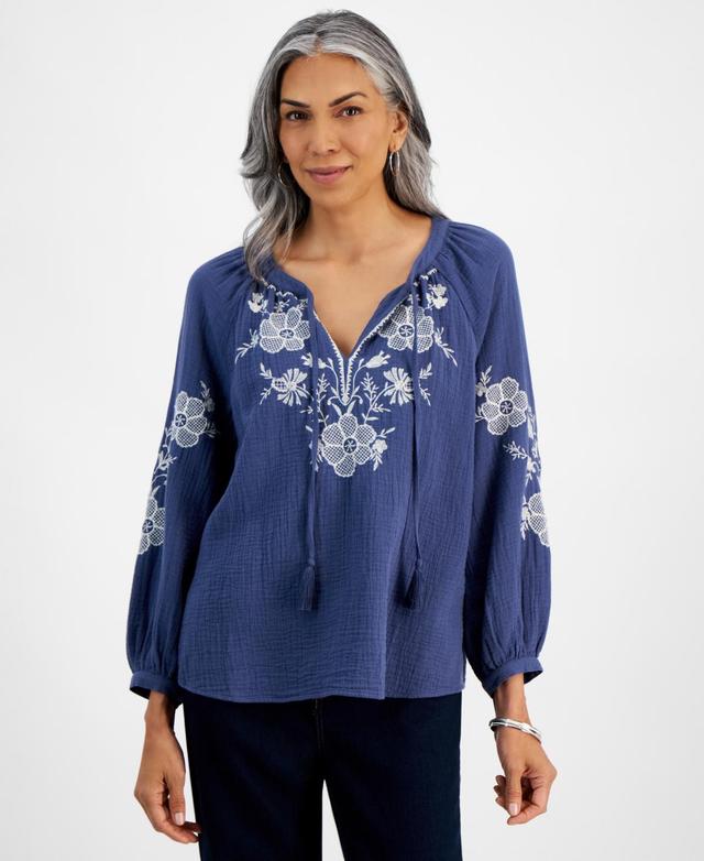 Style & Co Womens Cotton Gauze Embroidered Peasant Top, Created for Macys Product Image