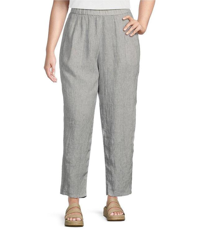 Eileen Fisher Plus Size Crinkled Striped Organic Linen Wide Tapered Leg Pull-On Ankle Pants Product Image