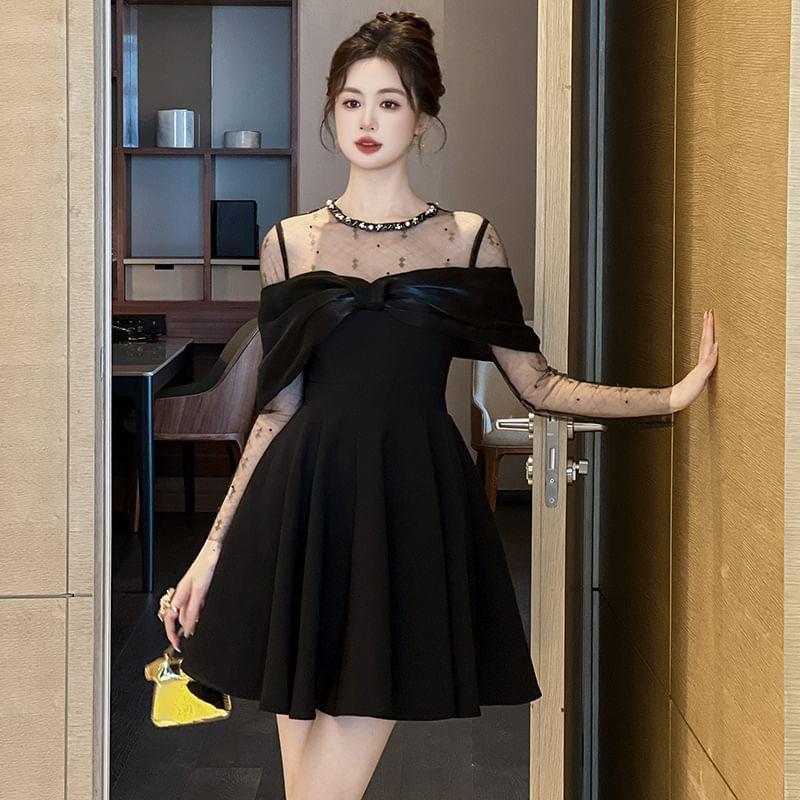 Long-Sleeve Round Neck Mesh Panel Mini A-Line Dress Product Image