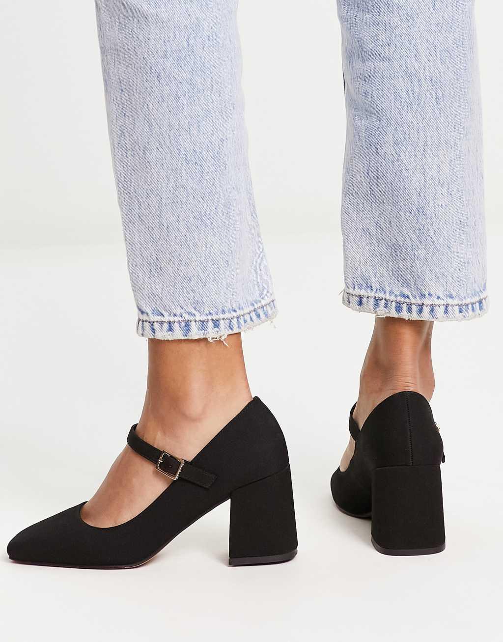 ASOS DESIGN Wide Fit Selene mary jane mid block heeled shoes in black Product Image