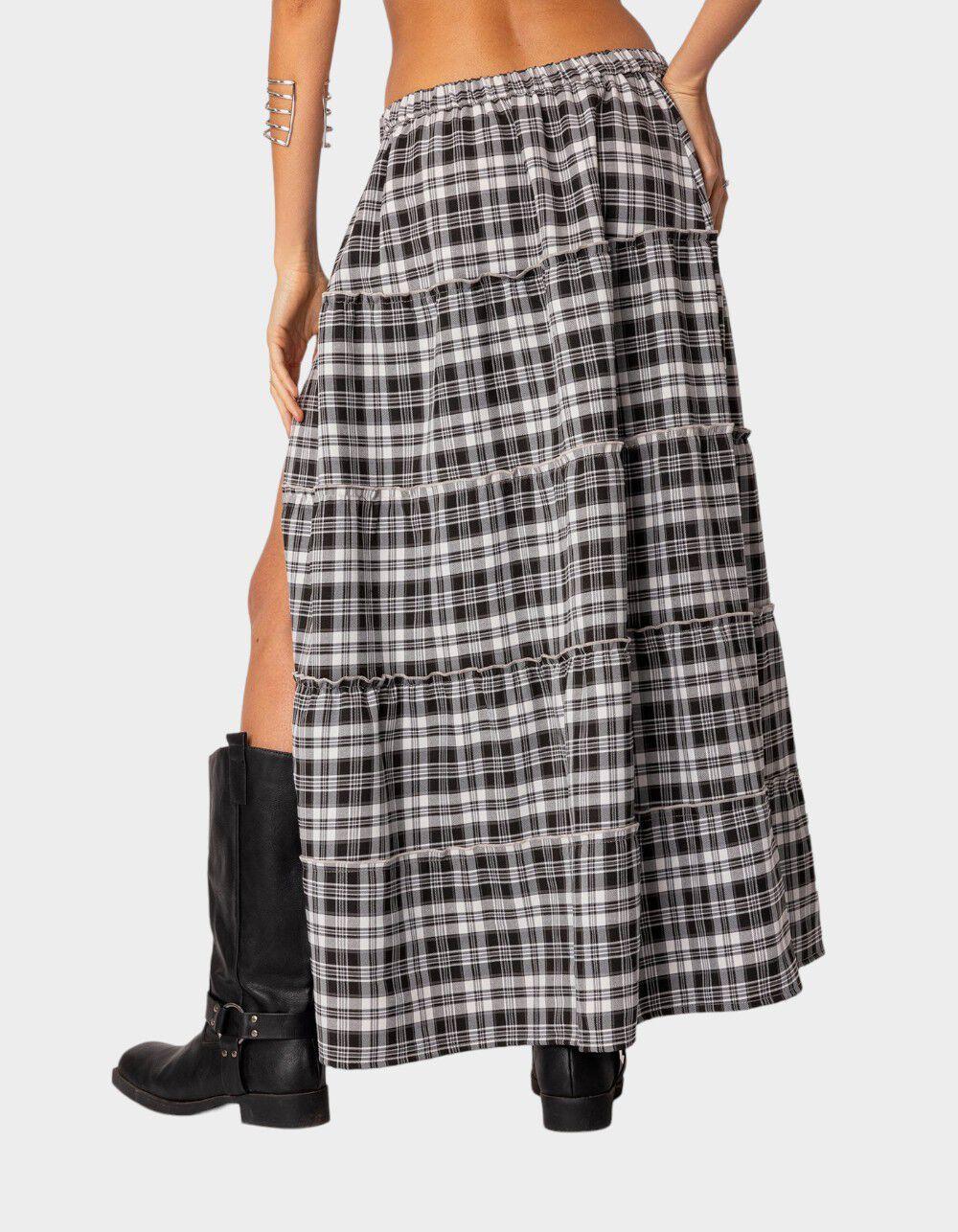 EDIKTED Plaid Side Slit Tiered Maxi Skirt Product Image