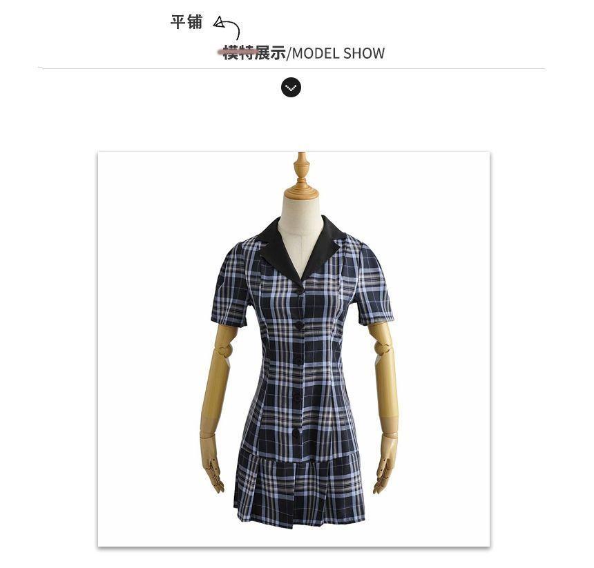 Short-Sleeve Contrast Collar Plaid Button-Up Mini A-Line Dress Product Image