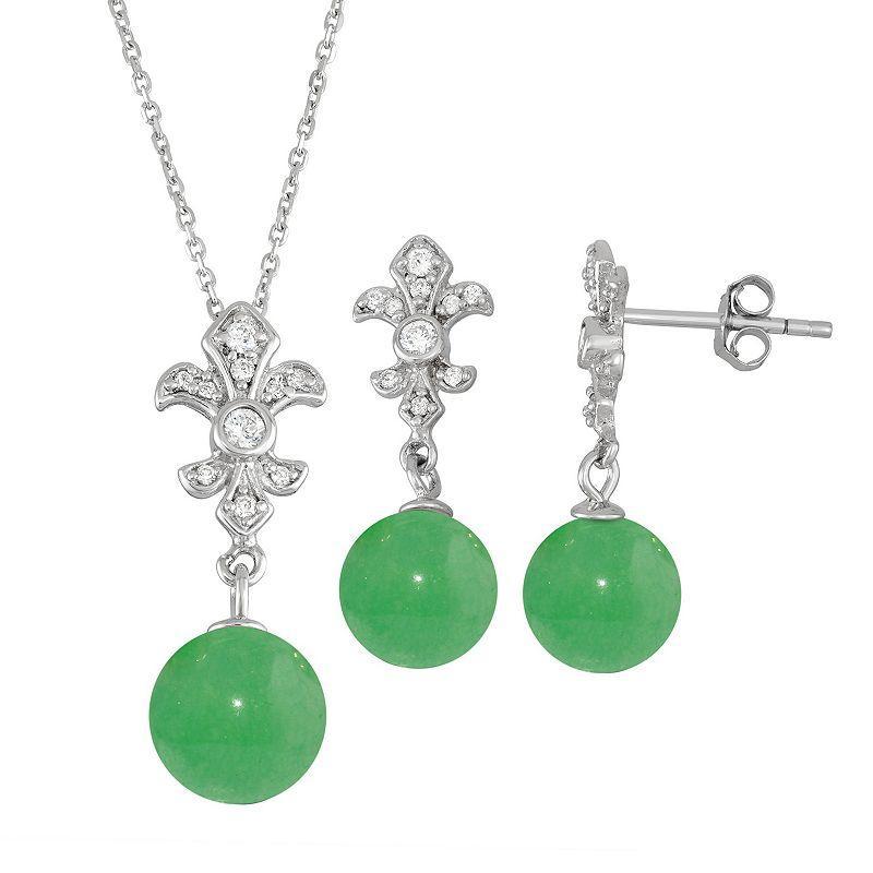 Onyx Cubic Zirconia Fleur-de-lux 2-piece Earring & Pendant Necklace Set, Womens Green Jade Product Image