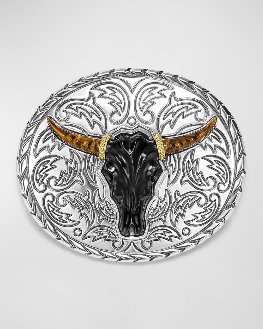 Mens Sterling Silver and 18K Anthem Black Agate Longhorn Belt Buckle, 85mm Product Image