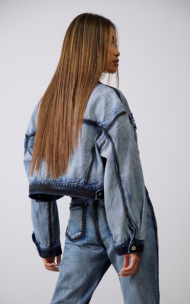 Indigo Blue Wash Contrast Edge Washed Down Cropped Denim Jacket Product Image