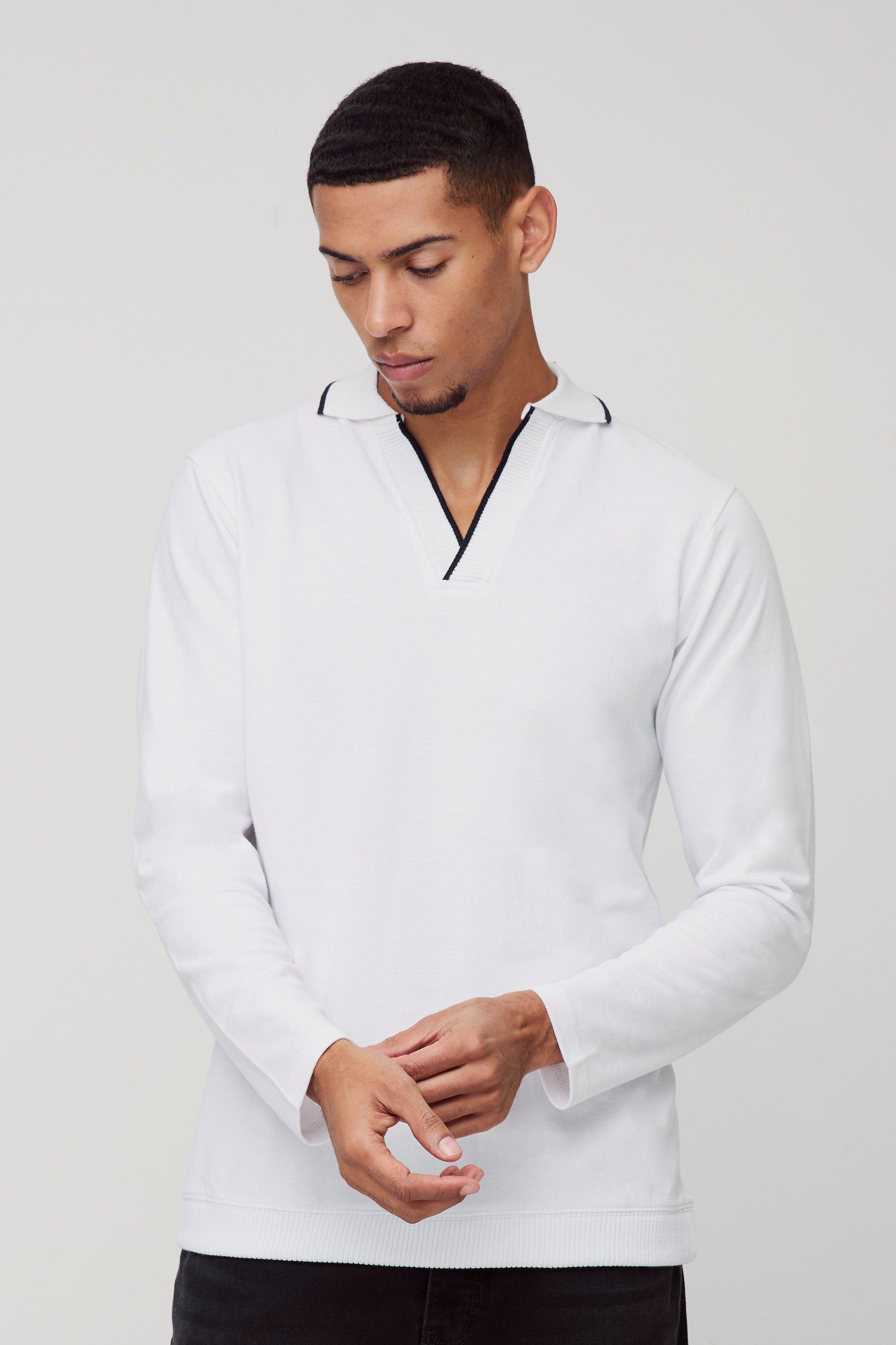 Slim Revere Neck Long Sleeve Pique Contrast Tips Polo | boohooMAN USA Product Image