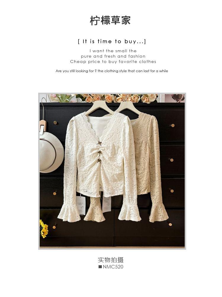 Bell-Sleeve V-Neck Lace Blouse Product Image