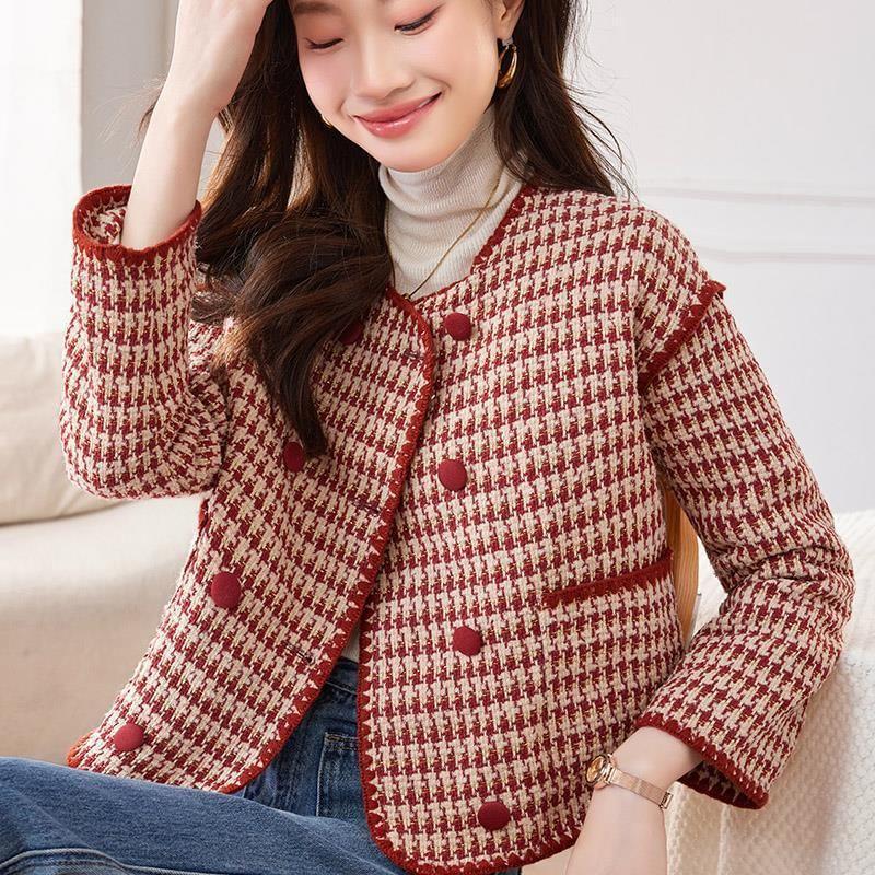 Round Neck Houndstooth Double Breasted Cropped Tweed Jacket Product Image