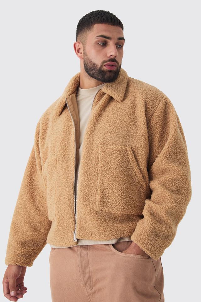 Plus Borg Harrington Jacket In Tan | boohooMAN USA Product Image