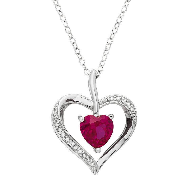 Sterling Silver Lab-Created Ruby & Diamond Accent Heart Pendant Necklace, Womens Red Product Image