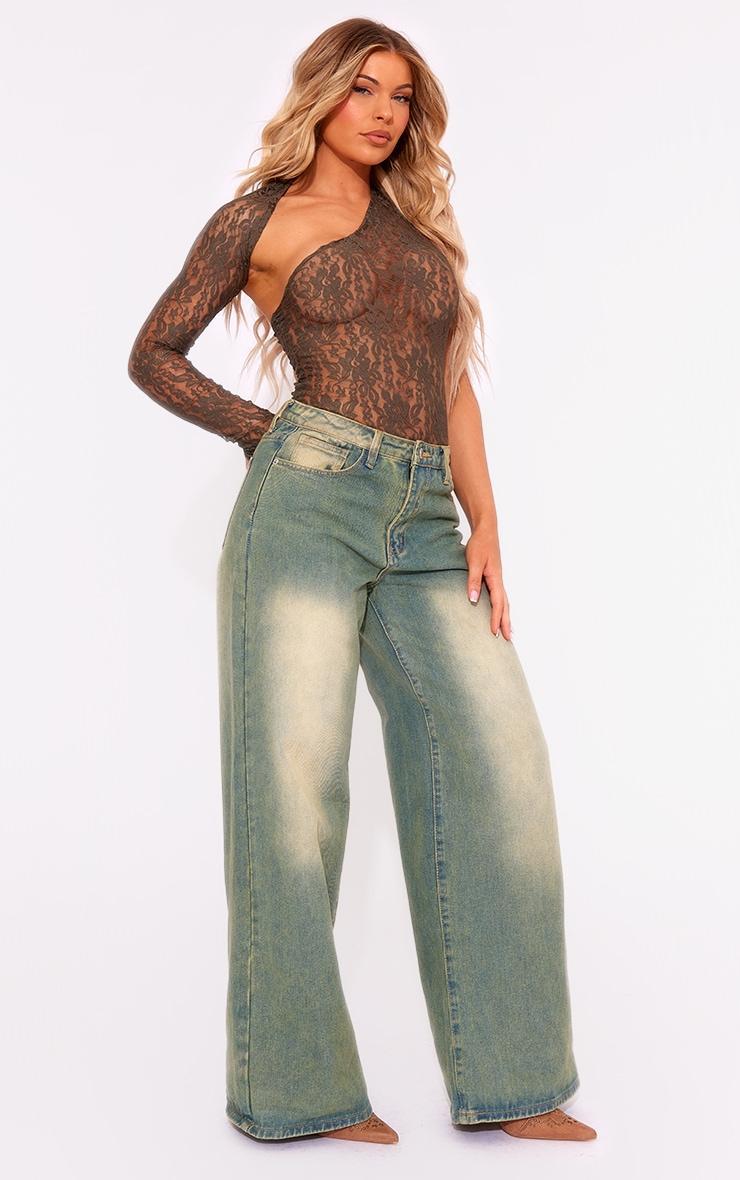 Dark Khaki One Shoulder Lace Bodysuit Product Image