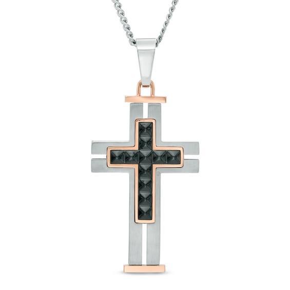 Men's Textured Cross Pendant in Tri-Tone Stainless Steel - 24" Product Image