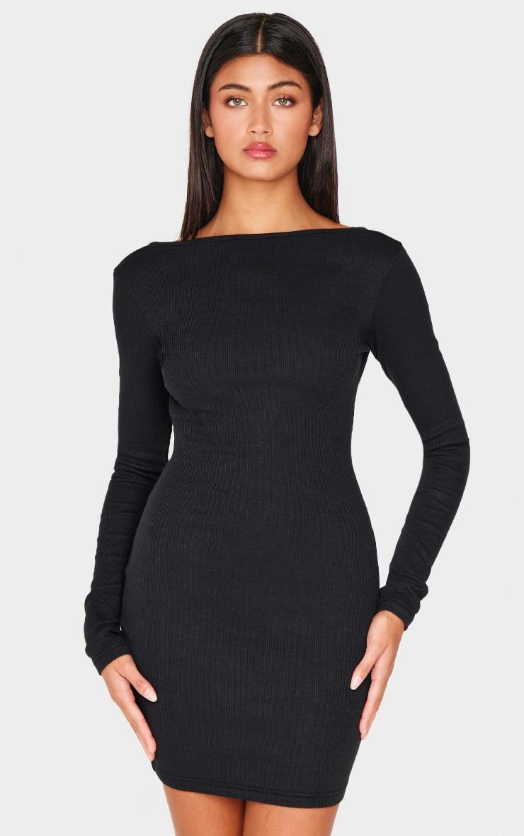 Black Ribbed Low Back Long Sleeve Bodycon Dress Product Image