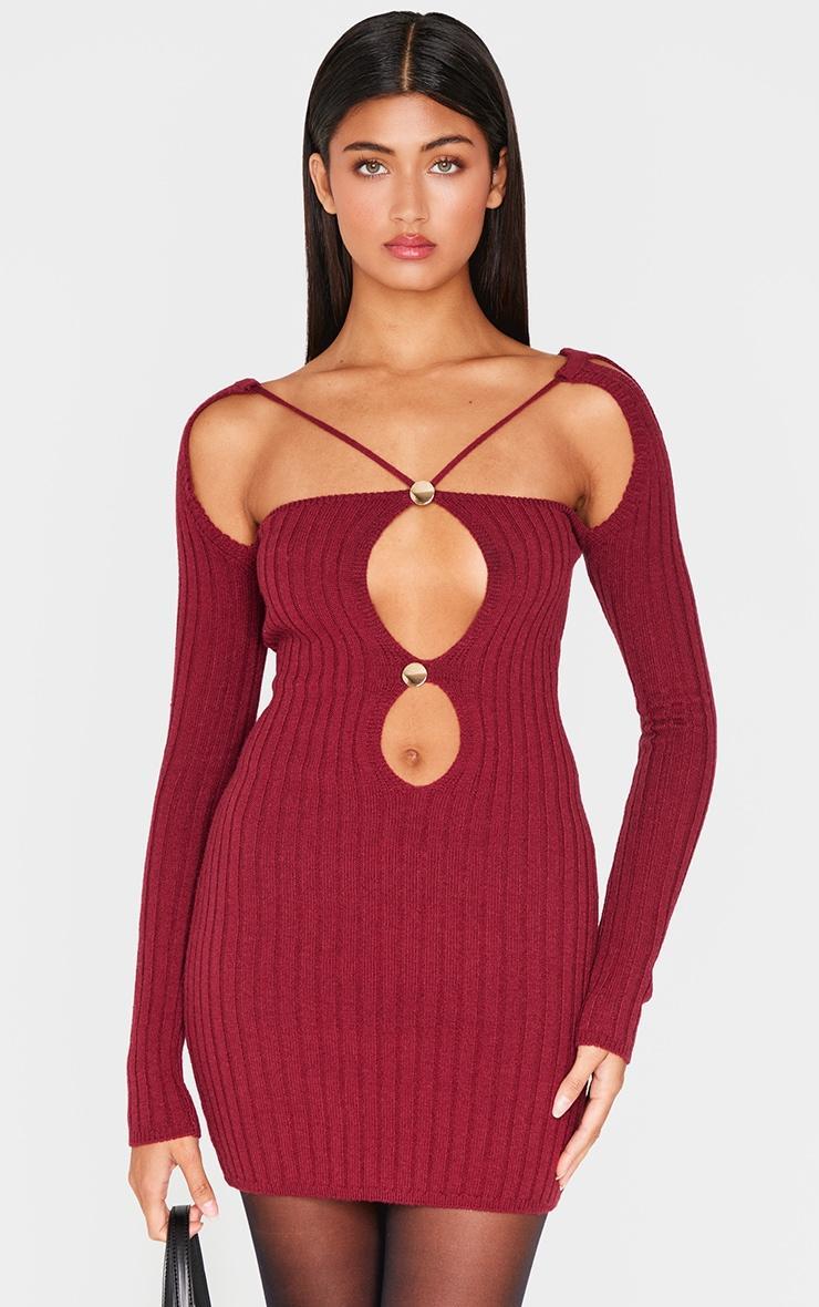 Burgundy Rib Knit Cross Front Gold Trim Mini Dress product image