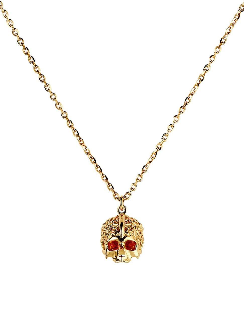 Mens 24K Gold-Plated Sterling Silver Arabesque Skull Necklace Product Image