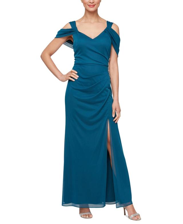 Alex Evenings Womens Embellished Draped Cold Shoulder Gown Product Image