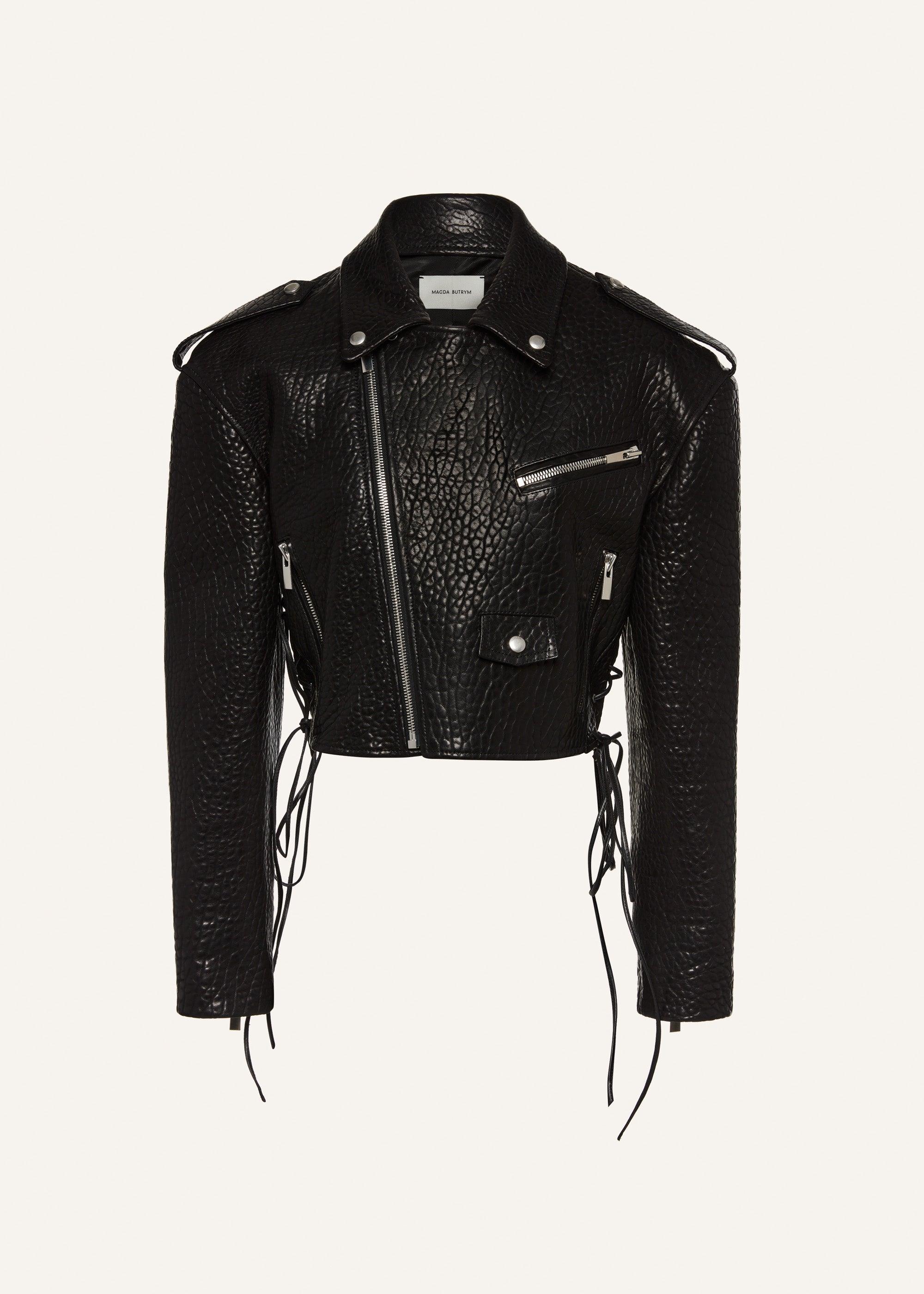 Cropped leather biker jacket in embossed black Product Image