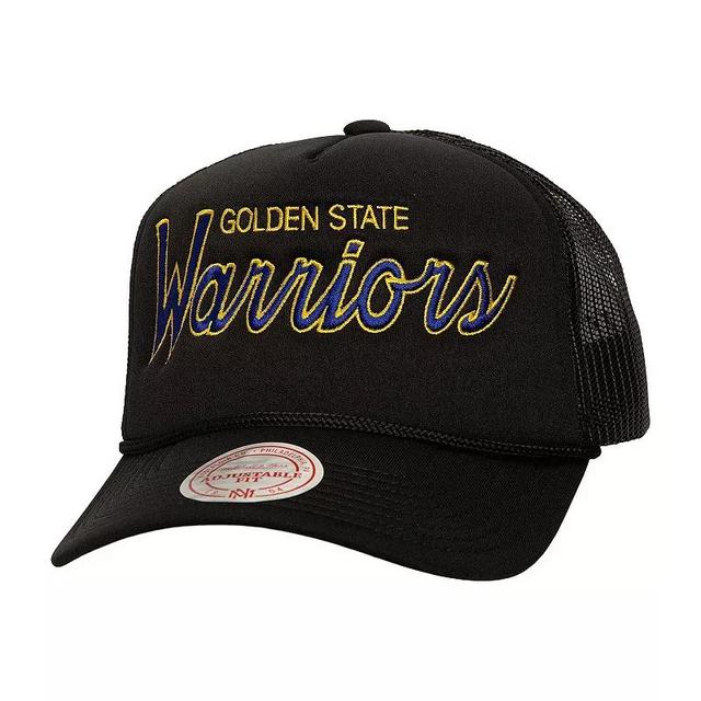 Mens Mitchell & Ness Golden State Warriors Script Sidepatch Trucker Adjustable Hat Product Image