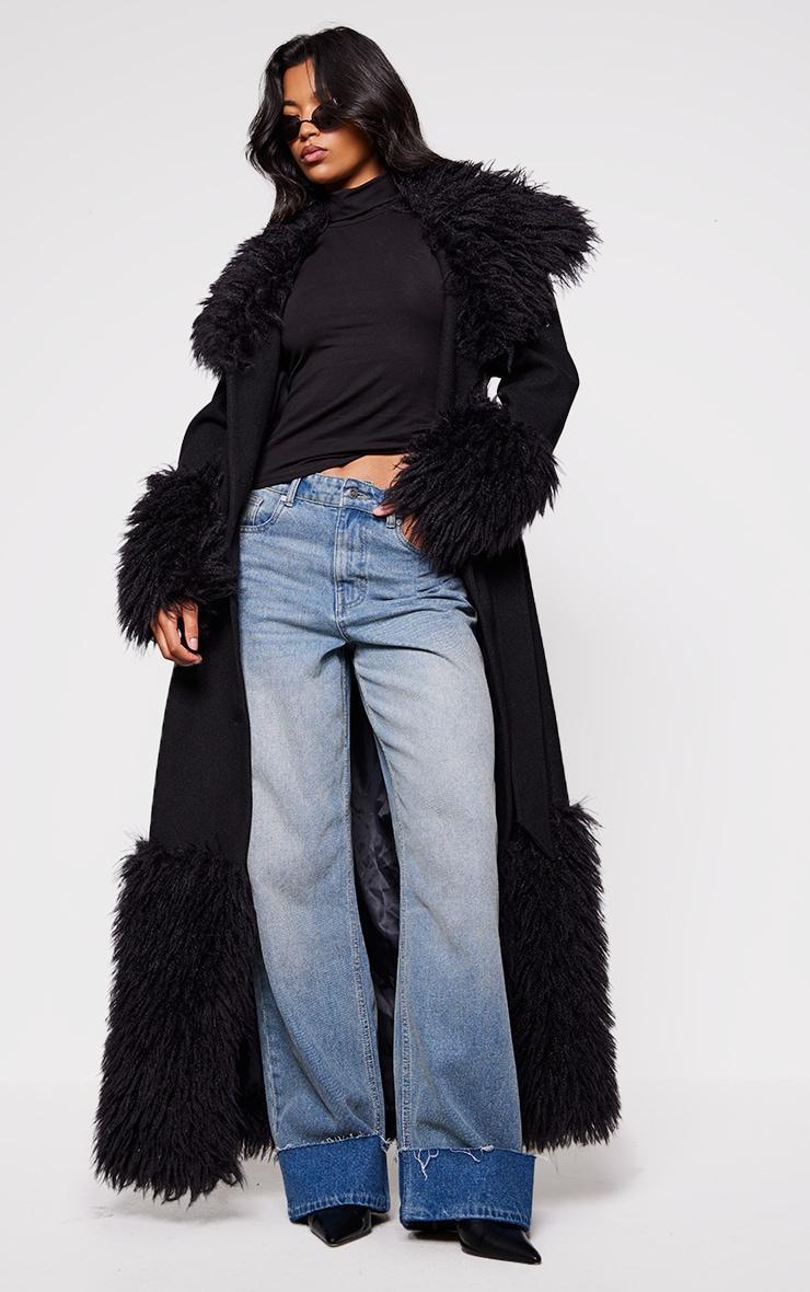 Black Faux Fur Trim Contrast Wool Look Coat Product Image