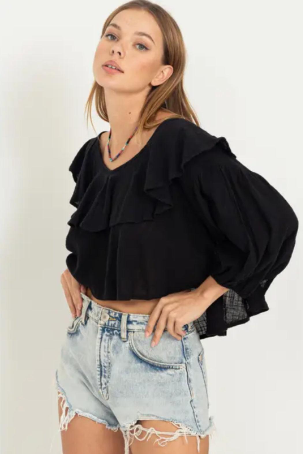 Sweetie Ruffled Three Quarter Sleeve Crop Top Product Image