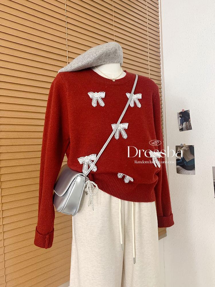 Round Neck Bow Applique Sweater Product Image