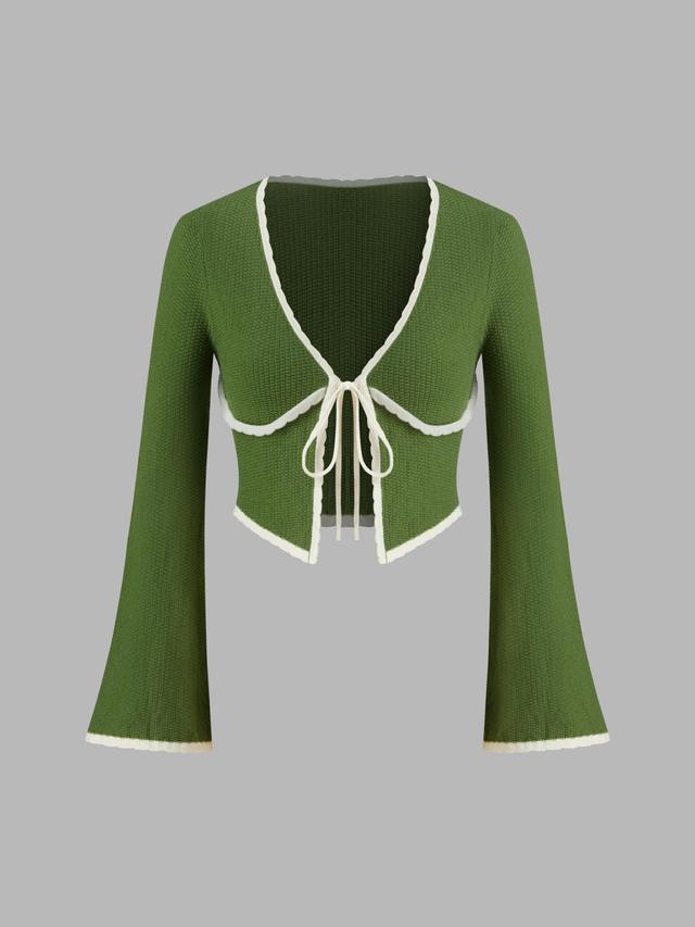 Knit V-neck Solid Contrasting Binding Knotted Bell Sleeve Cardigan Product Image