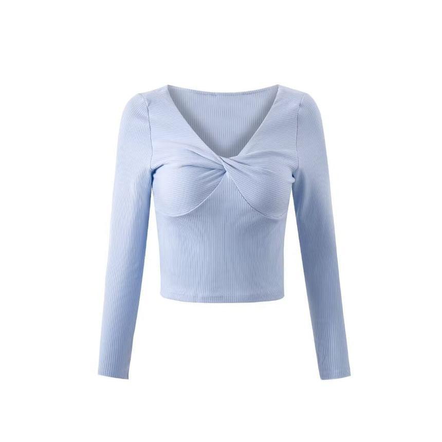 Long-Sleeve V-Neck Plain Knotted Ribbed Knit Top Product Image