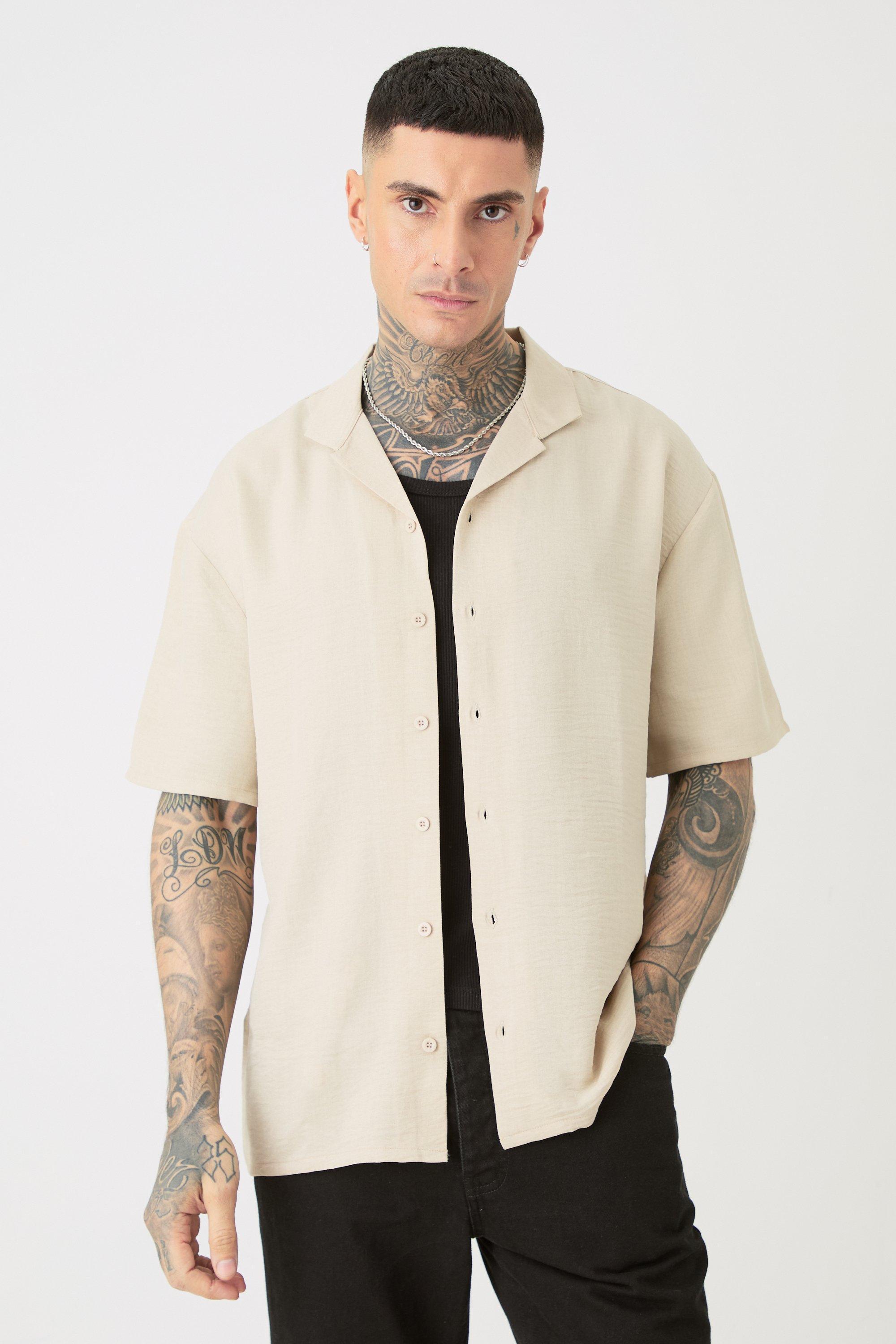 Mens Beige Tall Short Sleeve Drop Revere Linen Shirt In Natural, Beige Product Image