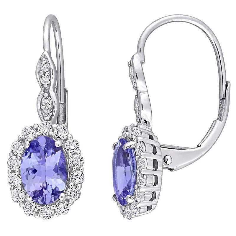 Stella Grace 14k White Gold Tanzanite, White Topaz & Diamond Accent Halo Leverback Earrings, Womens Product Image