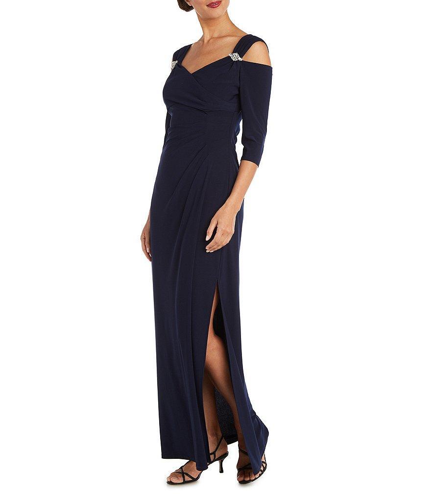 R & M Richards 3/4 Sleeve Sweetheart Neck Cold Shoulder Side Slit Dress Product Image