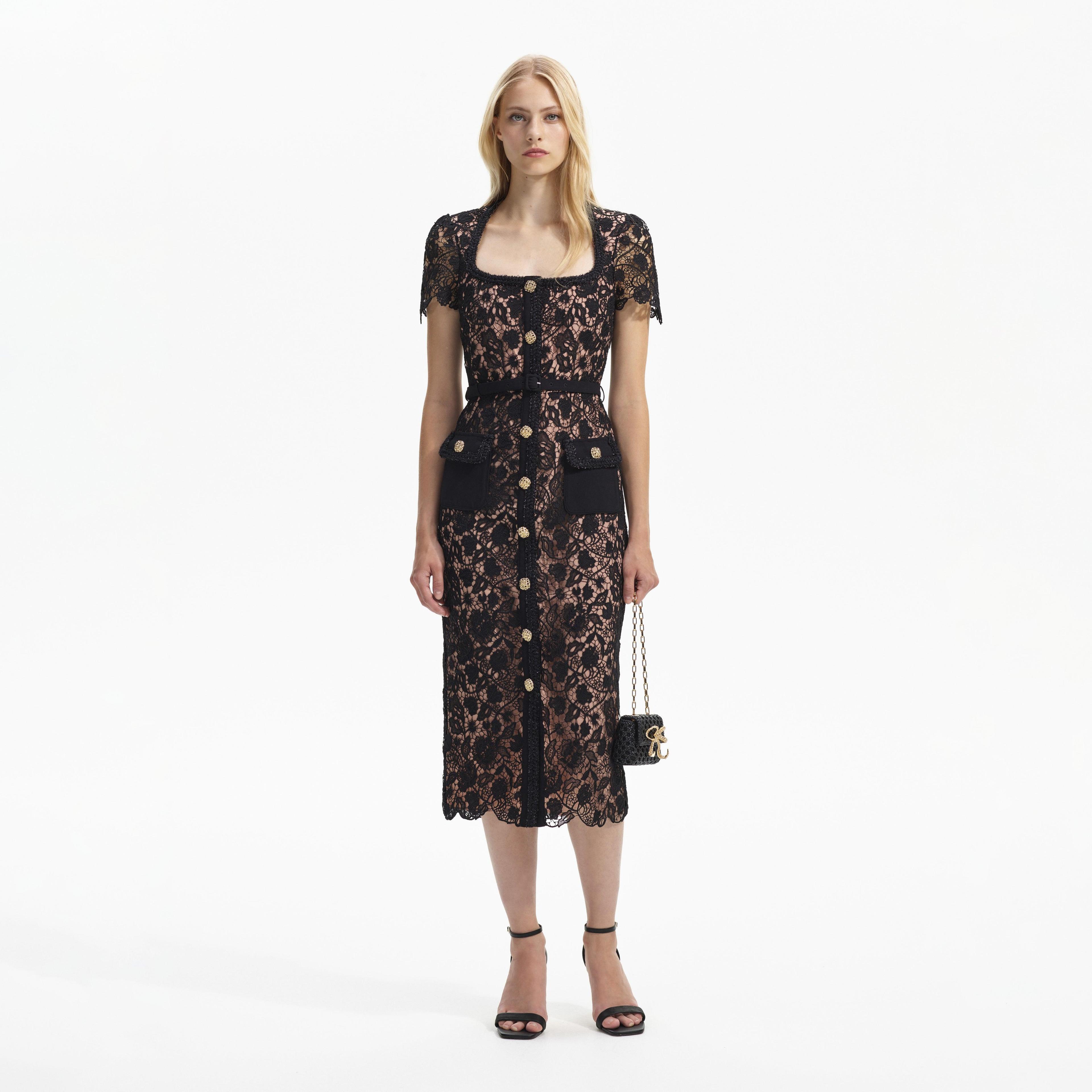 Black Guipure Lace Short Sleeve Midi Dress Product Image