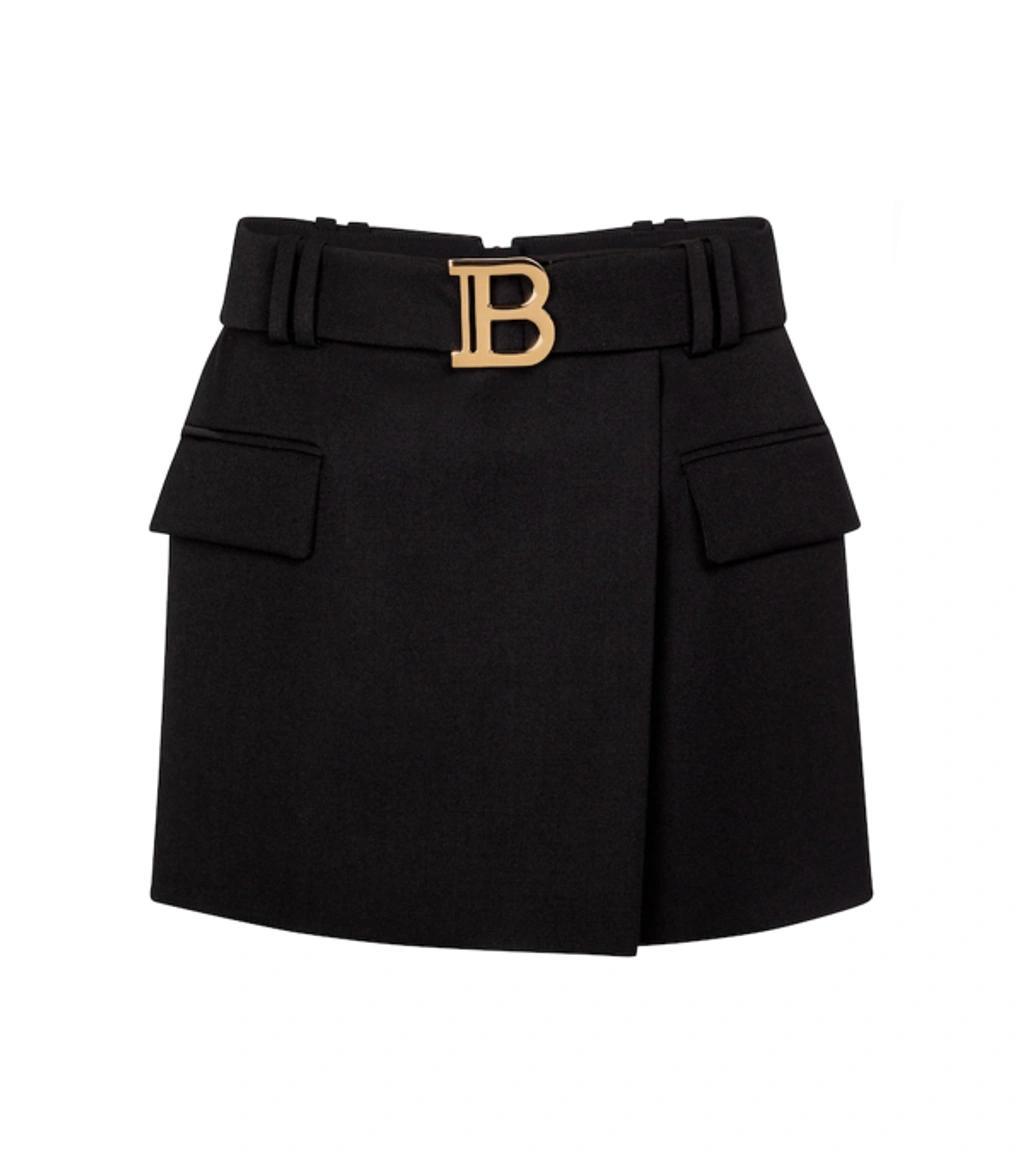 BALMAIN Belted Wrap-effect Wool-twill Mini Skirt In Black Product Image