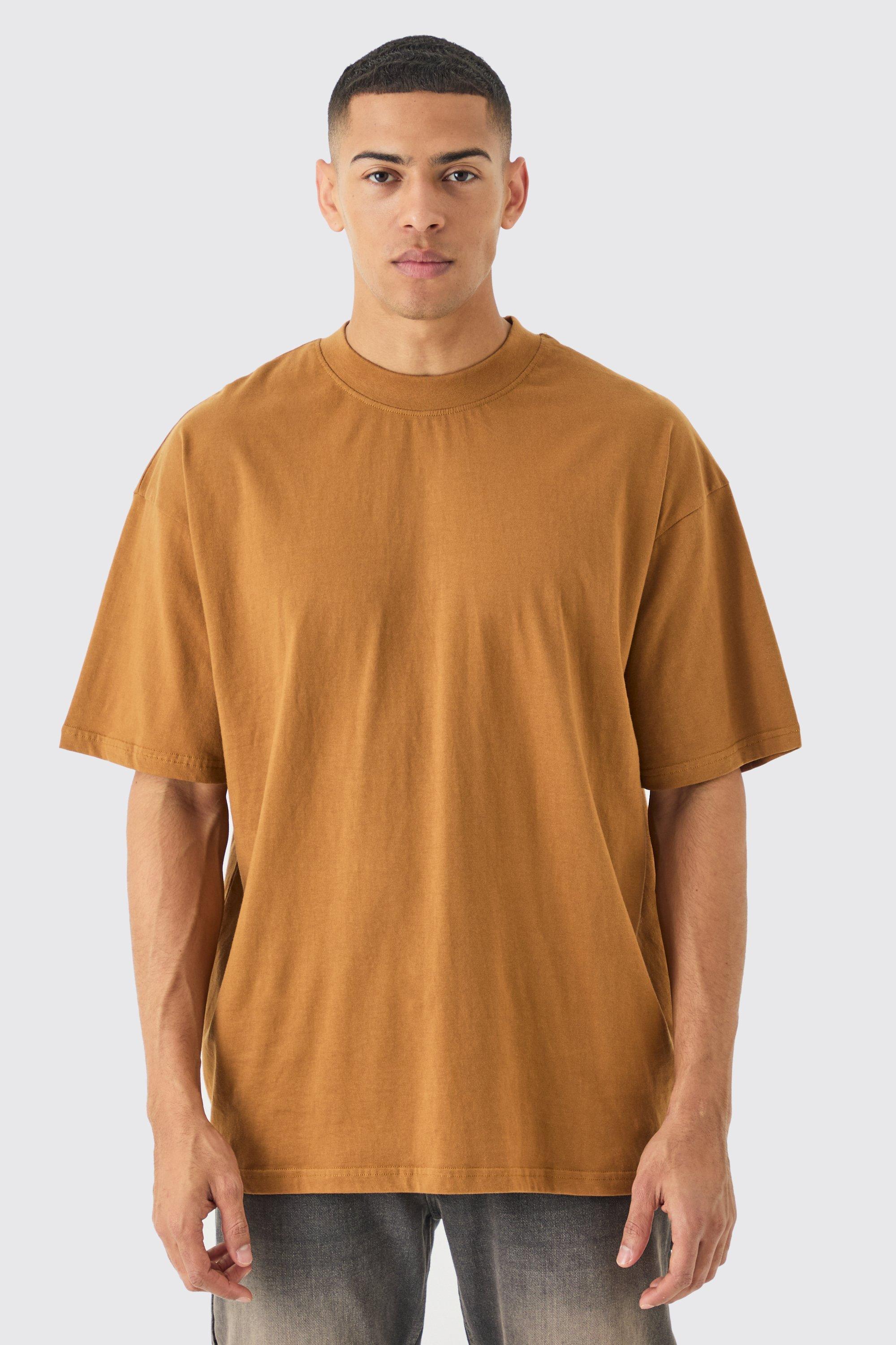 Mens Brown Oversized Extended Neck Basic T-shirt, Brown Product Image