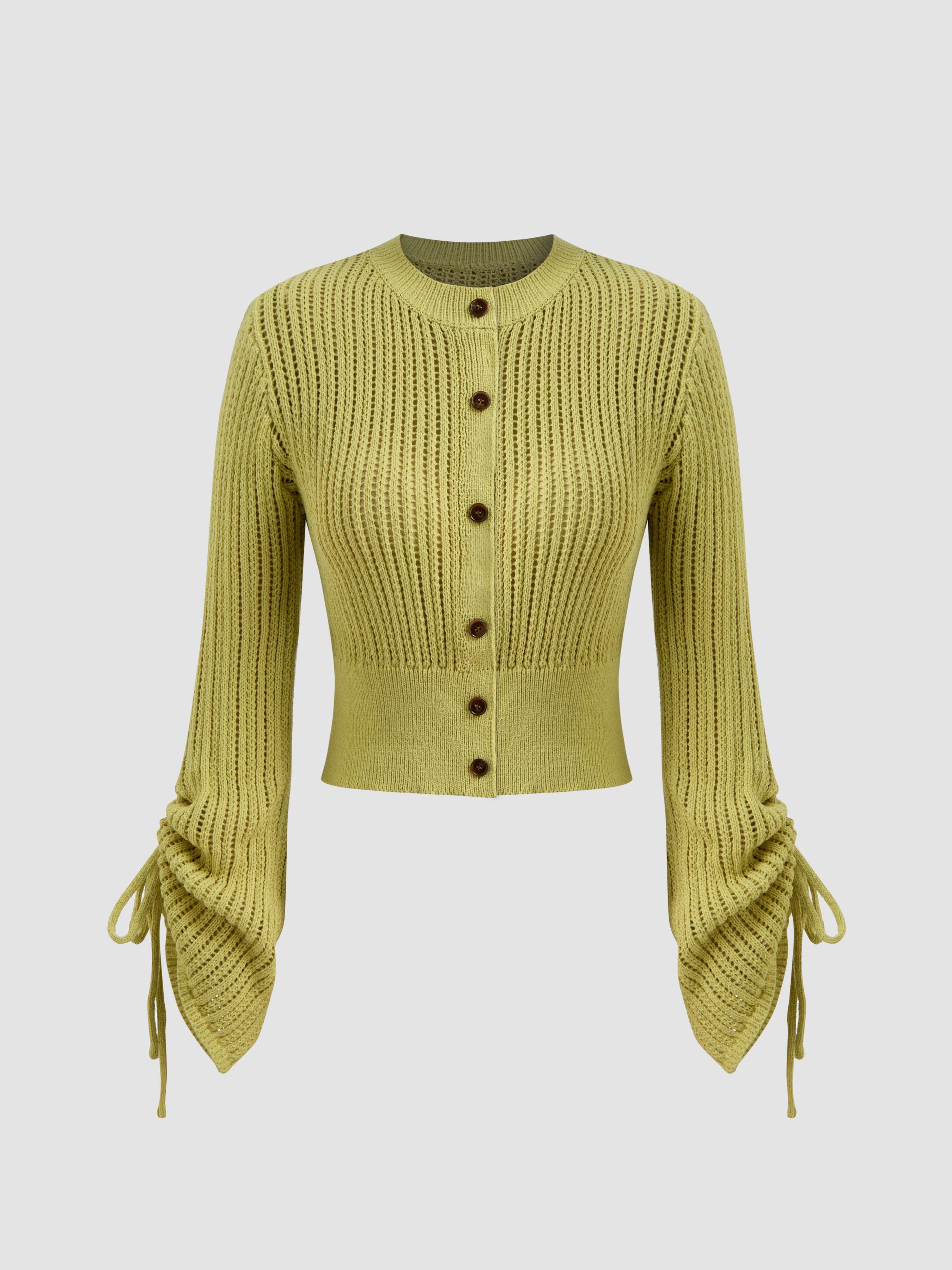 Knitted Round Neckline Solid Drawstring Cardigan Product Image