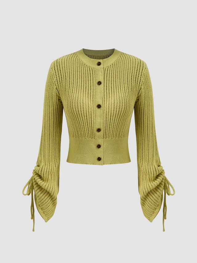 Knitted Round Neckline Solid Drawstring Cardigan Product Image