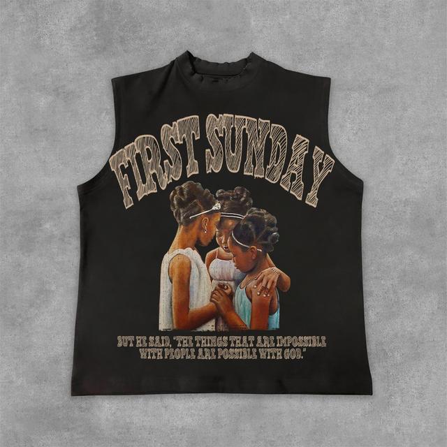 Casual Retro First Sunday Faith Bible Graphic Print Cotton Tank Top Product Image