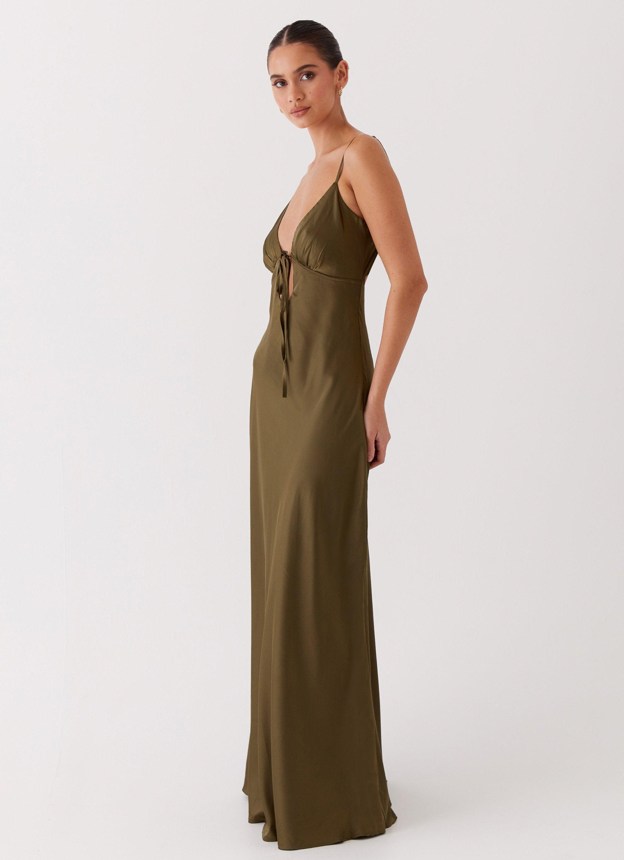 Flora Satin Maxi Dress - Khaki Product Image