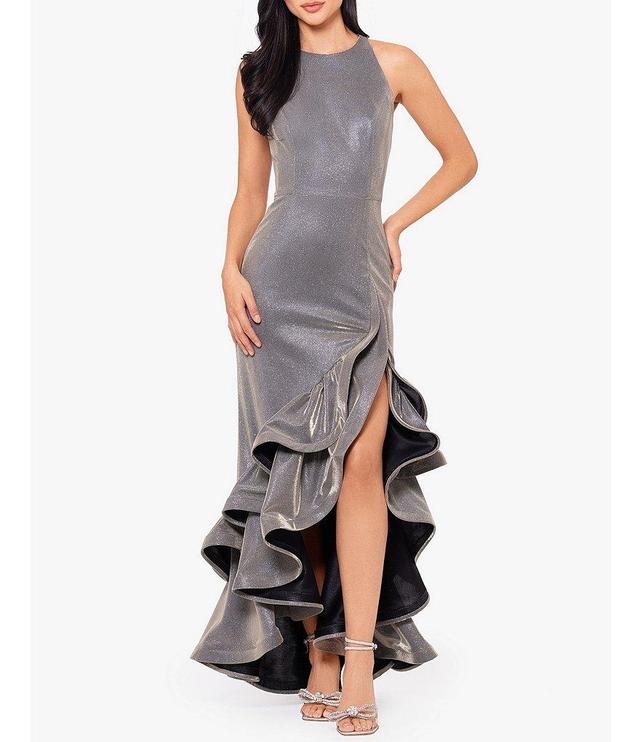 Betsy & Adam Petite Size High-Low Ruffle Hem Crew Neck Sleeveless Glitter Knit Mermaid Gown Product Image