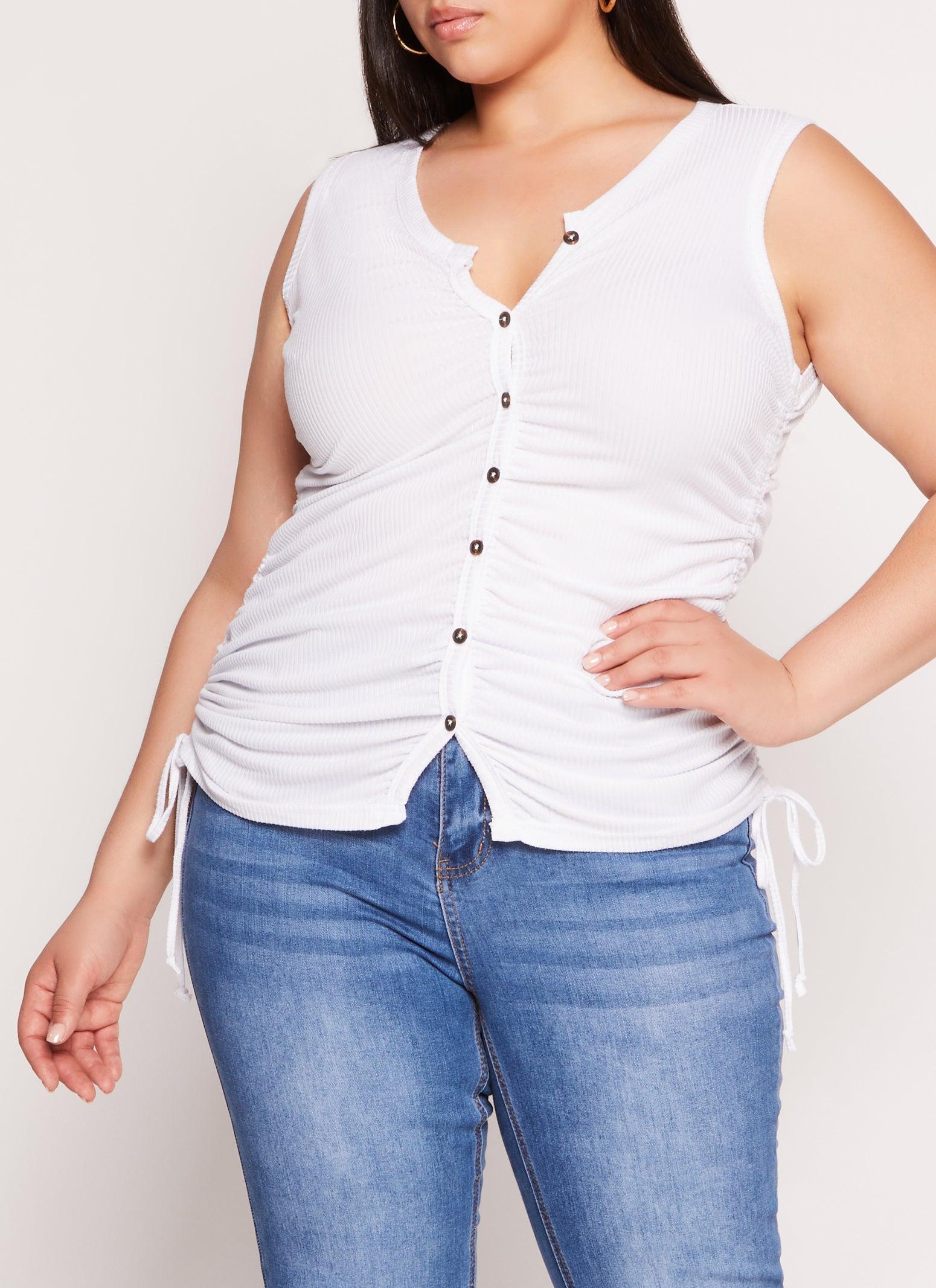 Womens Plus Size Rib Knit Ruched Side Button Front Tank Top Product Image